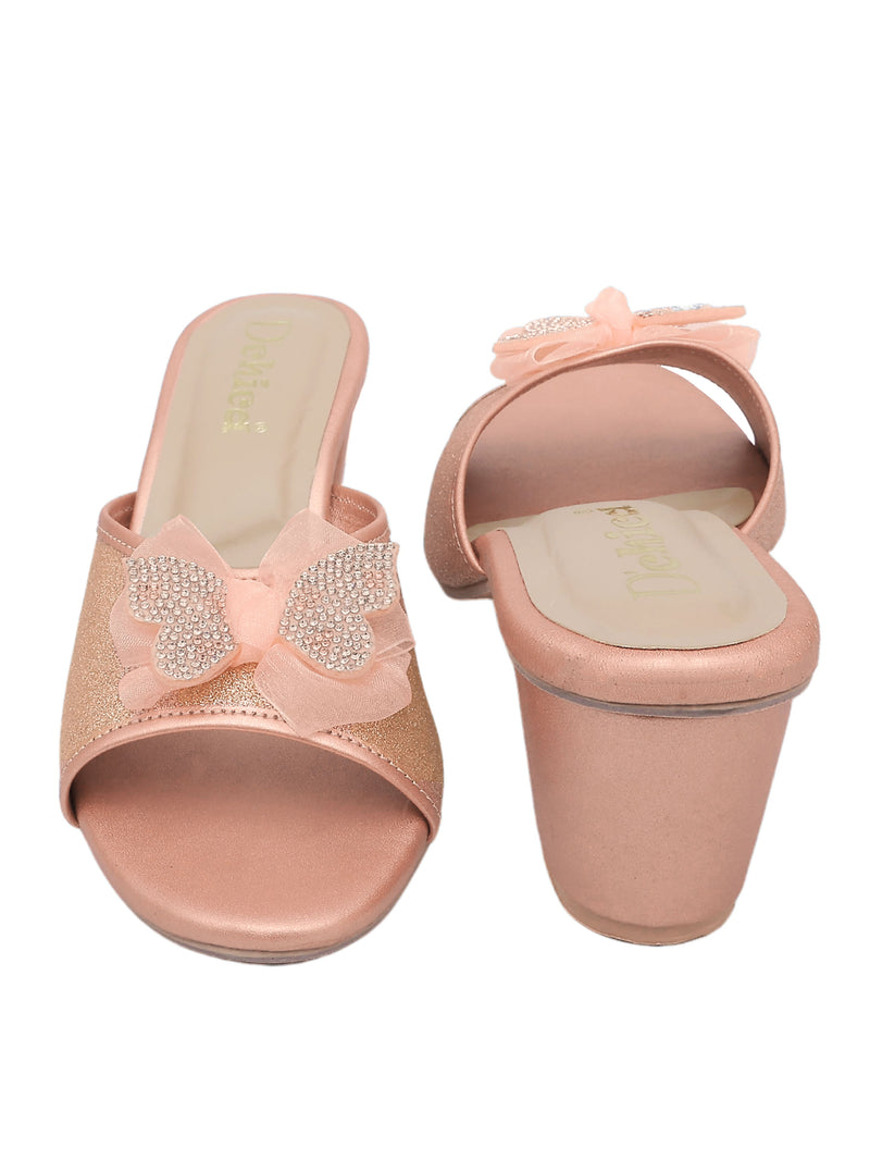 D'chica Peach & gold block heels sandals for girls - D'chica