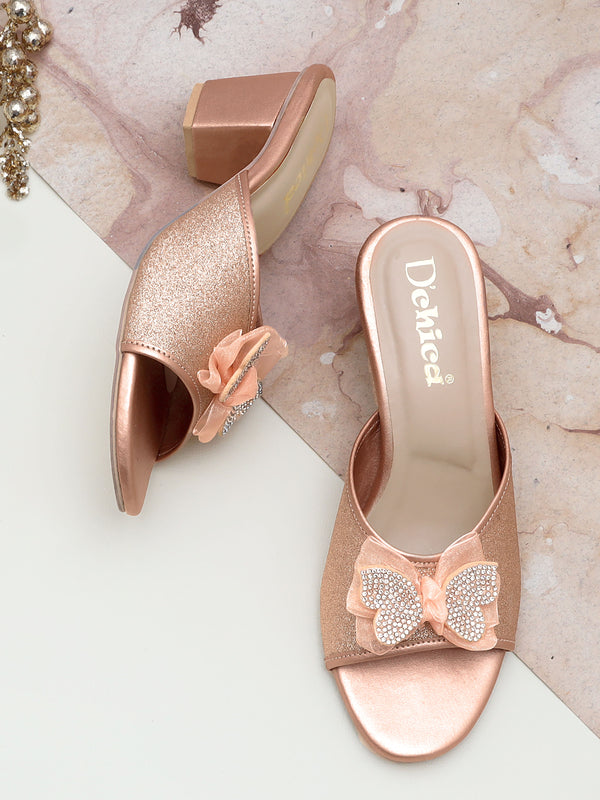 D'chica Peach & gold block heels sandals for girls