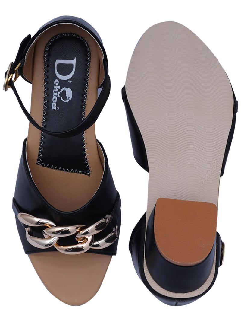 D'chica Golden Chain Embelleished Heels For Girls Black - D'chica