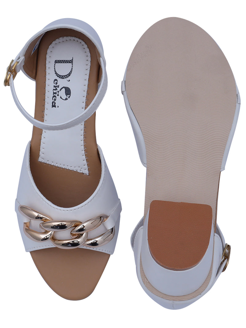 D'chica Golden Chain Embelleished Heels For Girls White