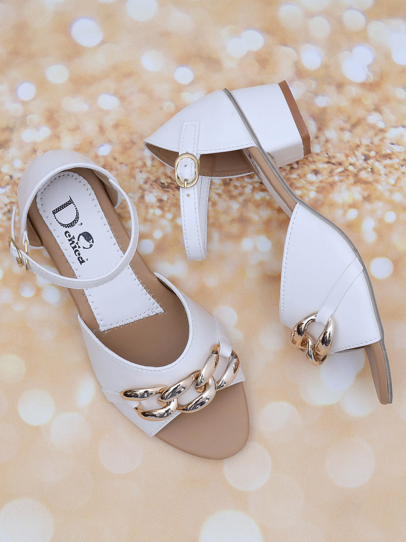 D'chica Golden Chain Embelleished Heels For Girls White - D'chica