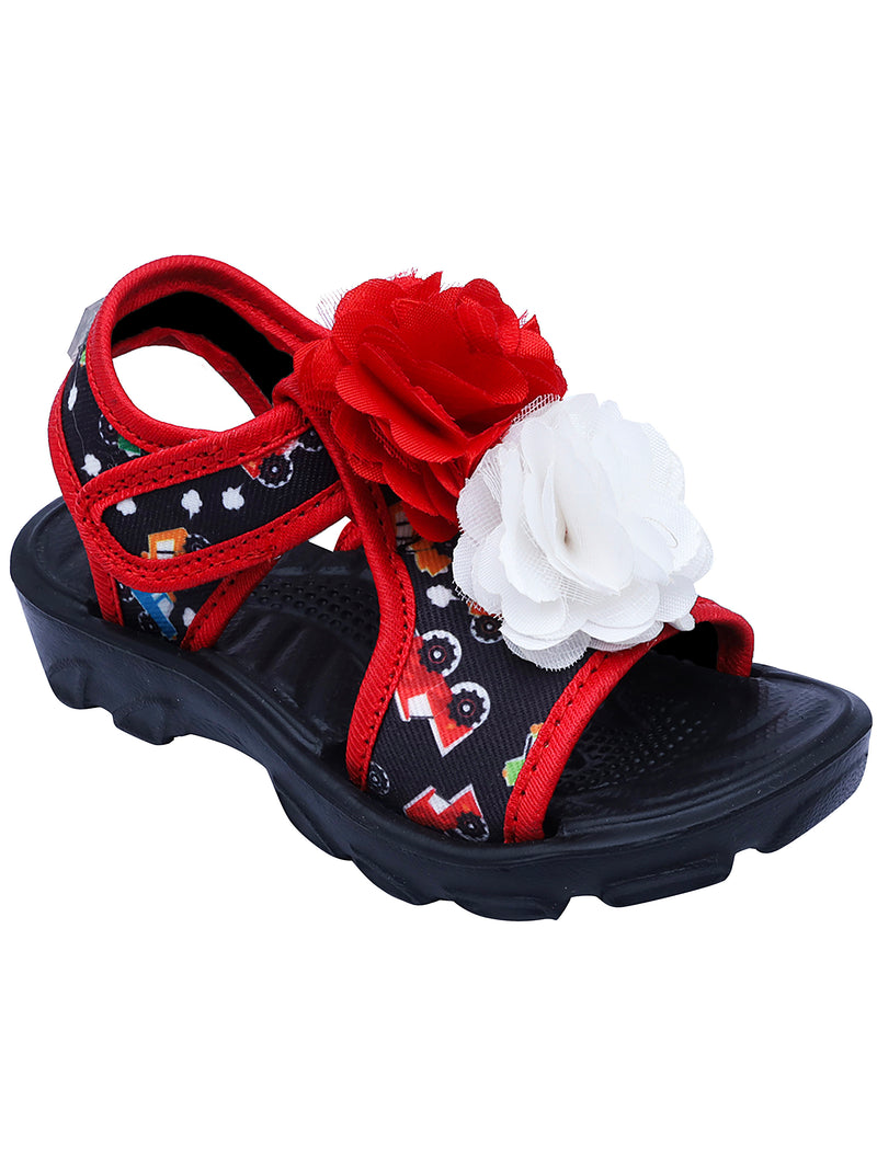 D'chica Red & White Flower Embellished Printed Sandals For Girls Black - D'chica