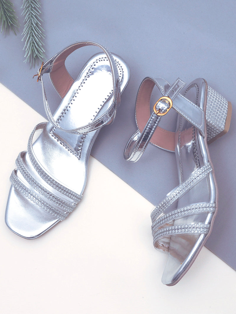 D'chica Festive & Partywear Silver Closed Toe Open Back Heels For Girls - D'chica