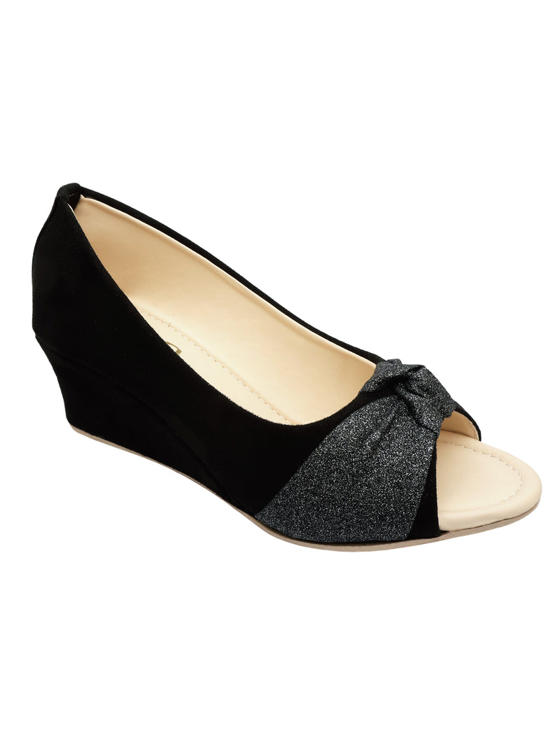 D'chica Sparkly Bow Black Wedge Heels Ballerians - D'chica