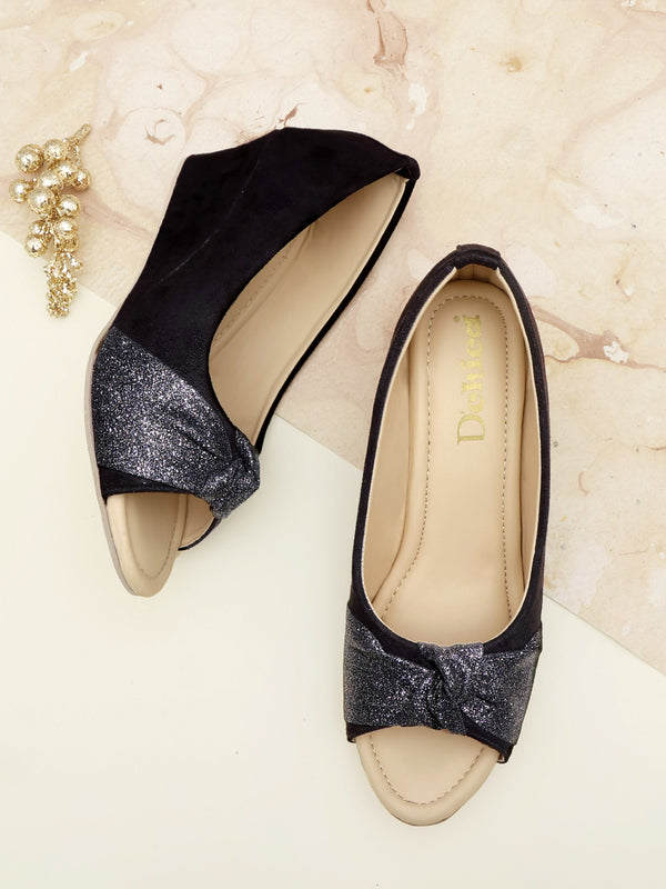D'chica Sparkly Bow Black Wedge Heels Ballerians