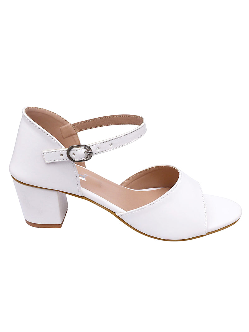 Casual Wear White Ankle Strap Chunky Heel - D'chica
