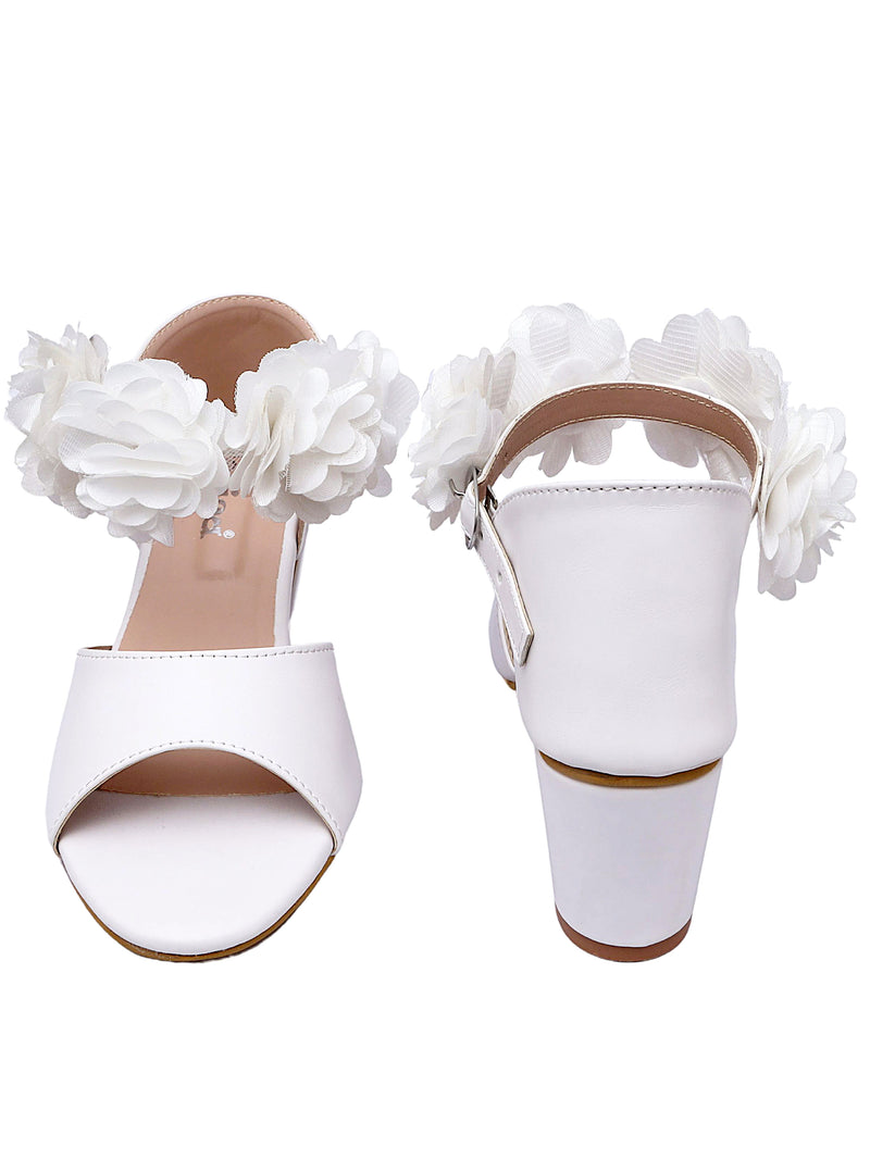 White Flower Ankle Strap Block High Heel Sandals - D'chica