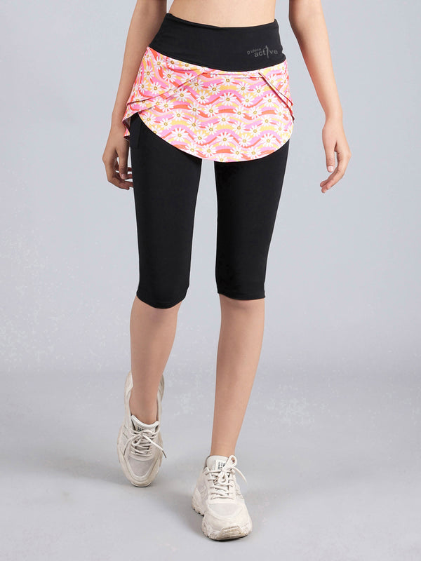 D’chica Floral Pattern Active 3/4 Length Sports Tights with Attached Skirt, Leggings with 2 side pockets