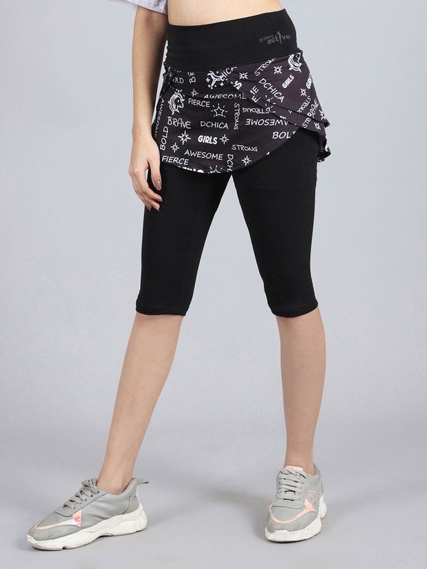 D’chica Designer Active 3/4 Length Sports Leggings, Stylish Skirt with Leggings Attached and 2 side pockets
