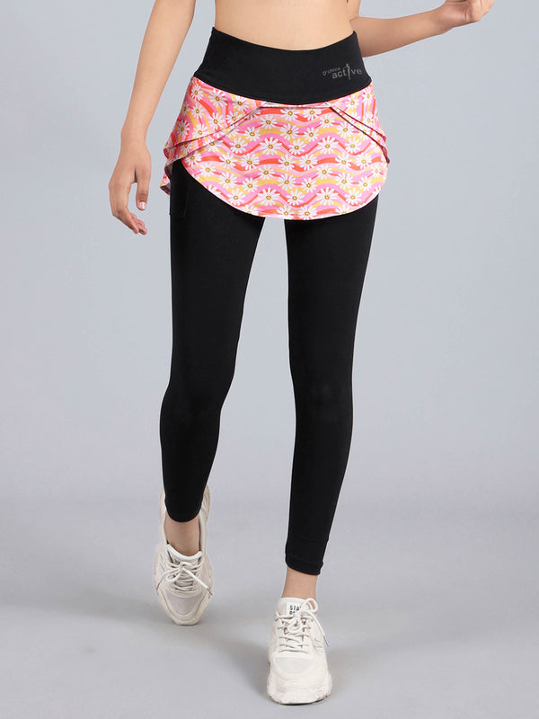 Overlapping Skirt With Leggings With Side Pocket | Flower Print Activewear Set of 1 - D'chica