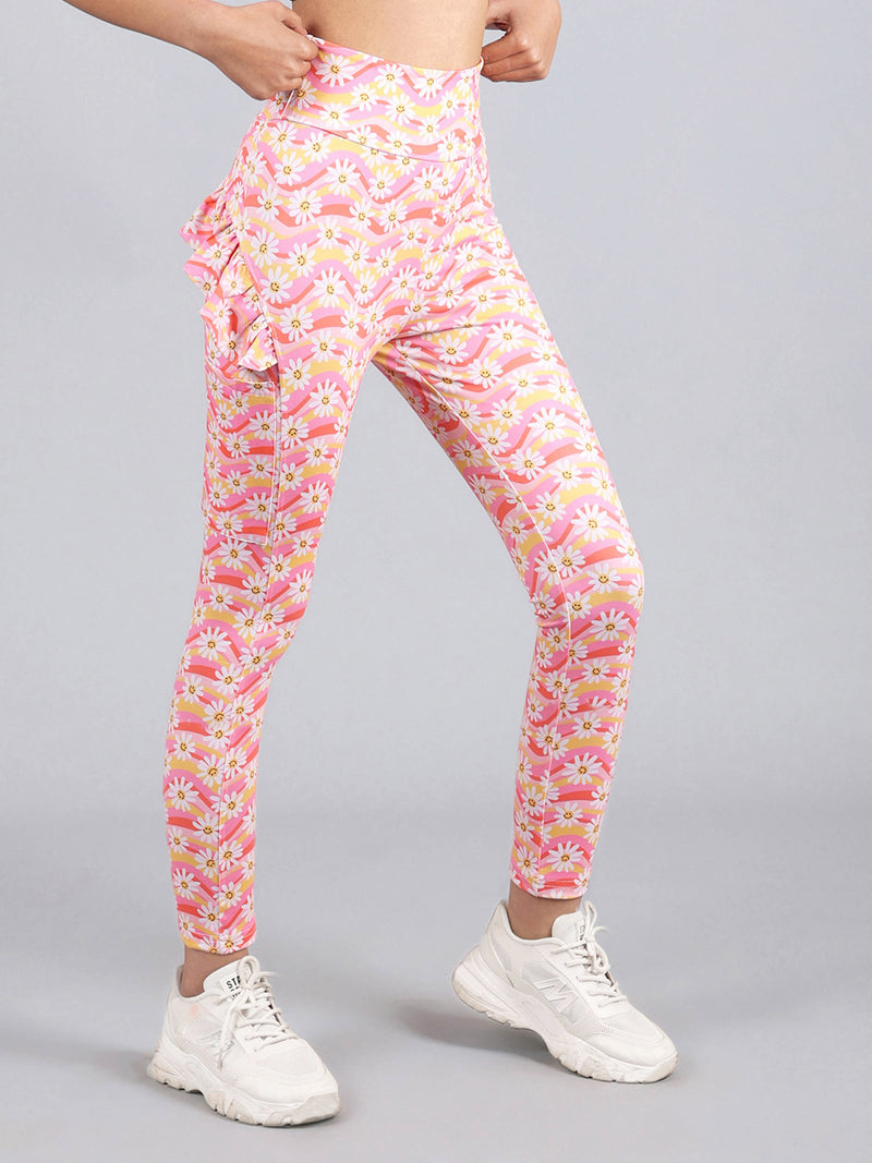 "Ruffled Leggings With Side Pocket | Flower Print Activewear Set of 1  "