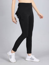 Ruffled Leggings With Side Pocket | Solid Black Activewear Set of 1 - D'chica