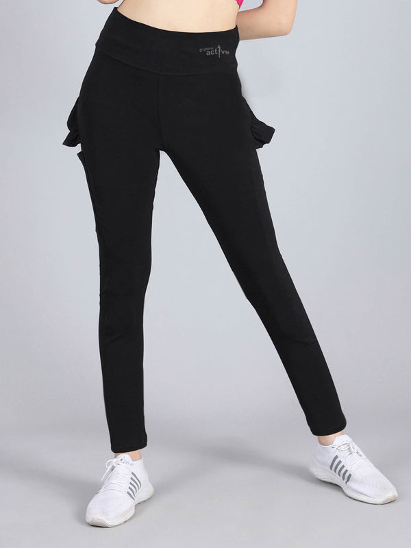 D’chica Solid Coloured Sports Tights with Side Pockets Printed Lower Black Yoga Pants with Attractive Ruffle Patterns