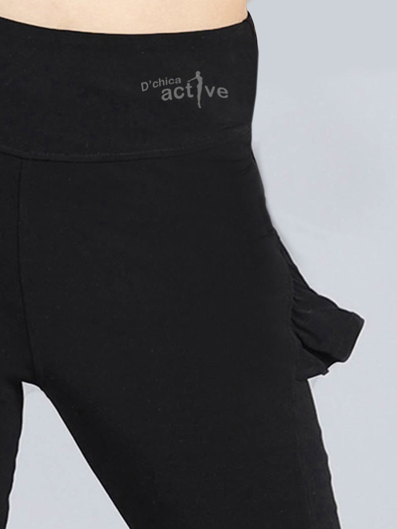 Ruffled Leggings With Side Pocket | Solid Black Activewear Set of 1 - D'chica