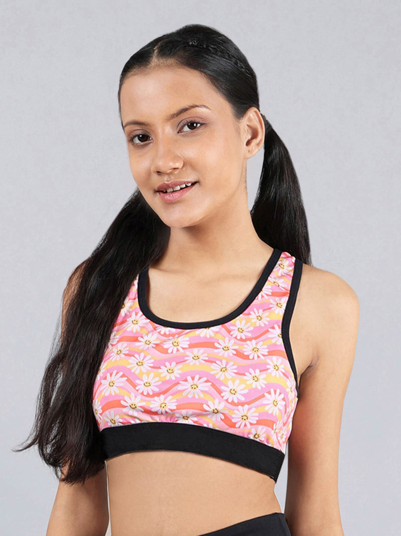 Full Coverage Racerback Sports Bra With Sunflower Print