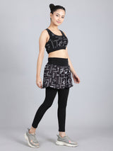 Black Graphic Print Sportswear Combo - Ankle Length Sports Tights With Attached Shorts & Full Coverage Race Back Sports Bra