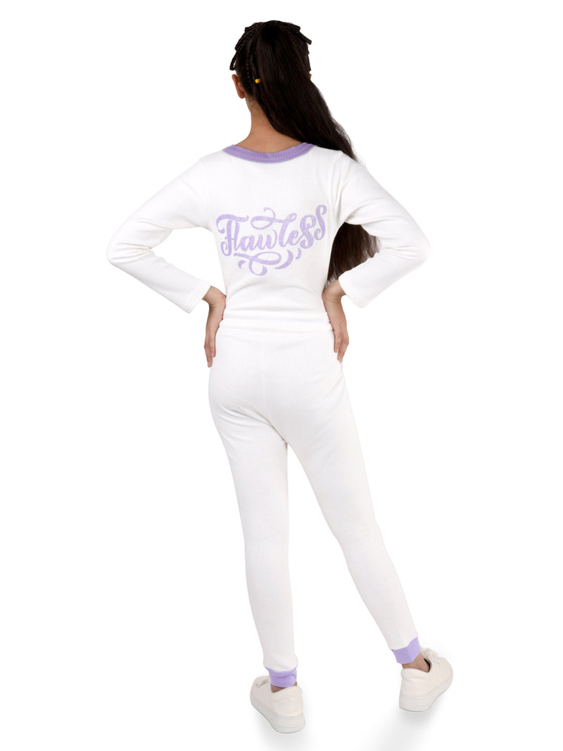 D'chica Slim fit Warm Thermal Fabric White With Flawless Print Full Sleeves Jumpsuit For Girls Winterwear