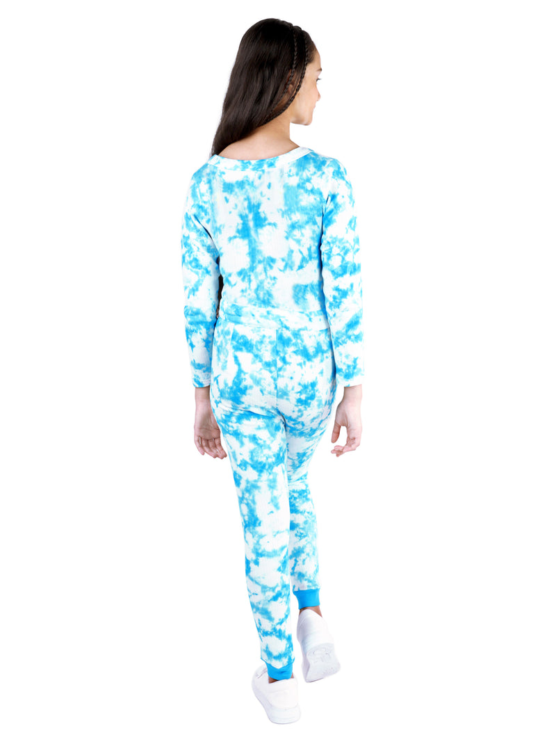D'chica Slim fit Blue Tie & Dye Thermal Fabric Full Sleeves Jumpsuit For Girls  Winterwear