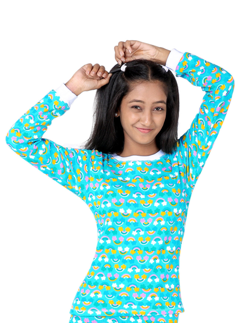 D'chica Slim fit Rainbow Blue Thermal Print Full Sleeves Top For Girls