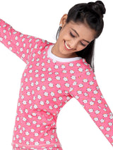 D'chica Slim fit Cat Pink Thermal Print Full Sleeves Top For Girls
