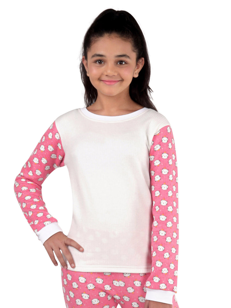 D'chica Slim fit Pink Cat Print And White Color Blocking Thermal Fabric Full Sleeves Top For Girls