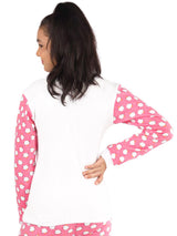 D'chica Slim fit Pink Cat Print And White Color Blocking Thermal Fabric Full Sleeves Top For Girls