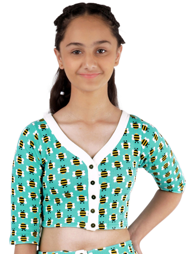 D'chica Slim fit Thermal Fabric Blue Bee Printed Top For Girls