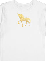 D'chica Slim fit Golden Unicorn Print Thermal Top & Bottom Set For Girls White