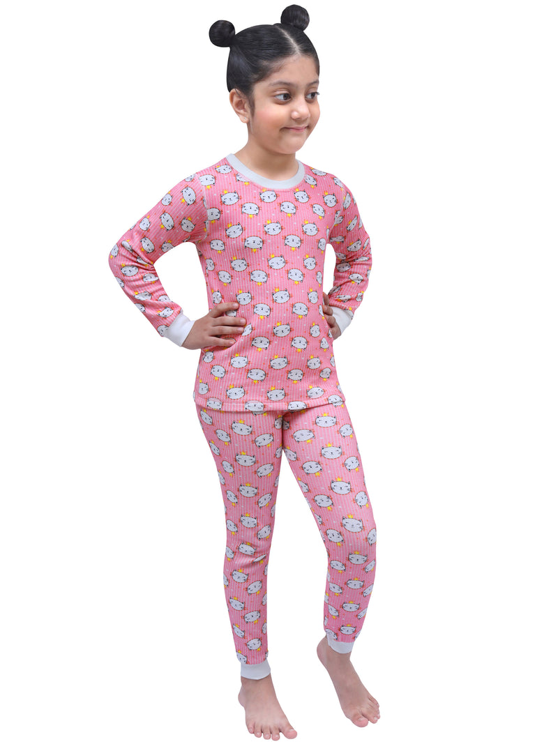 D'chica Slim fit Kitty Print thermal Top & Bottom Set For Girls Pink
