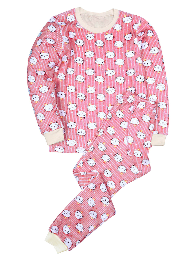 D'chica Slim fit Kitty Print thermal Top & Bottom Set For Girls Pink