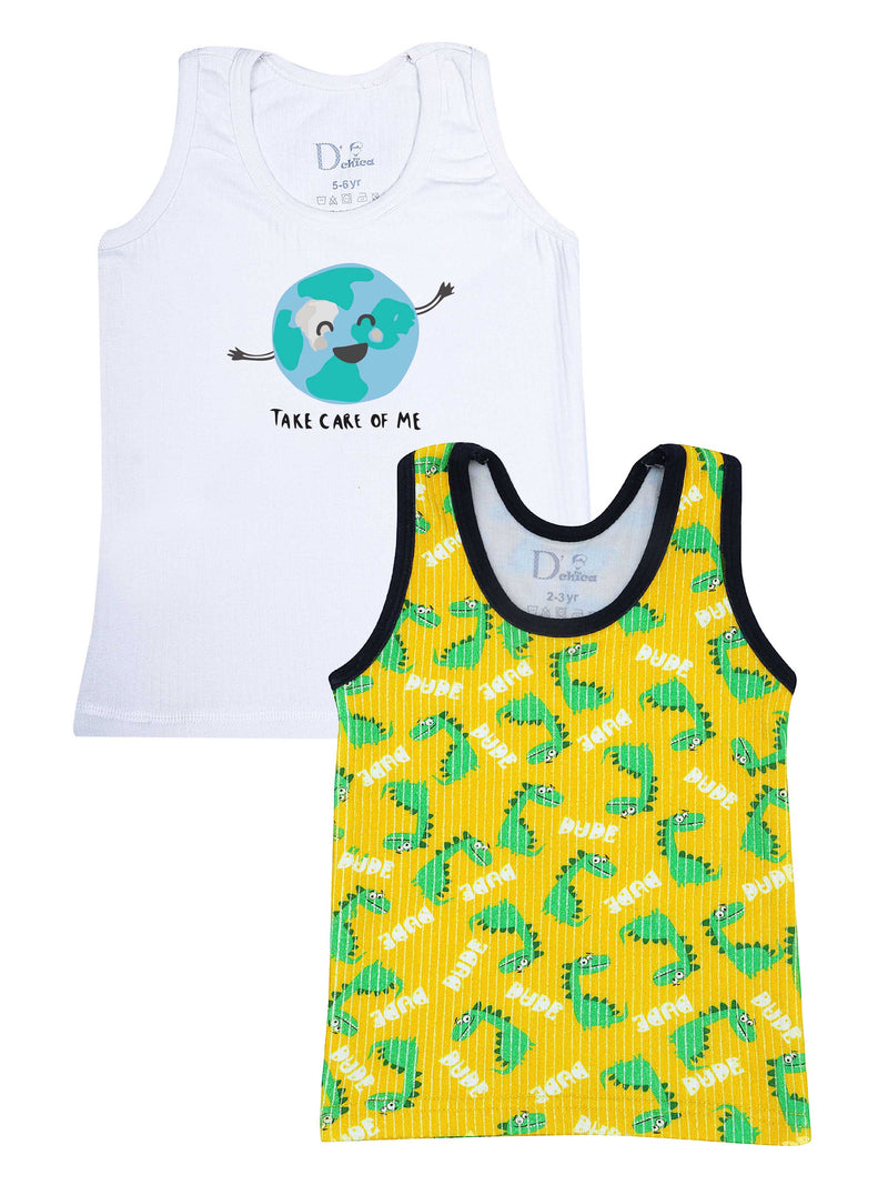 D'chica Slim fit Bro Set Of 2- 1 Yellow Dino  Print Thermal Vest & 1 Earth Print Thermal Vest For Boys