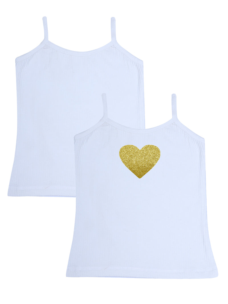 D'chica Slim fit Set of 2- 1 Golden Heart Print Themal Top &  1 Solid White Thermal Top For Girls
