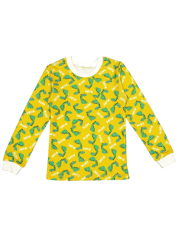 D'chica Slim fit Bro Dino Print Thermal Full Sleeves Top For Boys & Girls Yellow