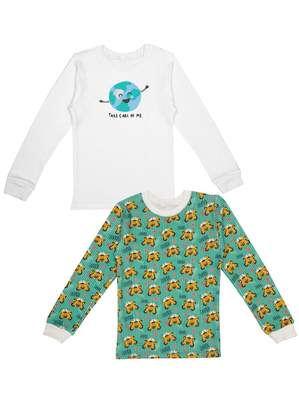 D'chica Slim fit Bro Set of 2- 1 Lion Print  & 1 Earth Print Thermal Full Sleeves Top For Boys
