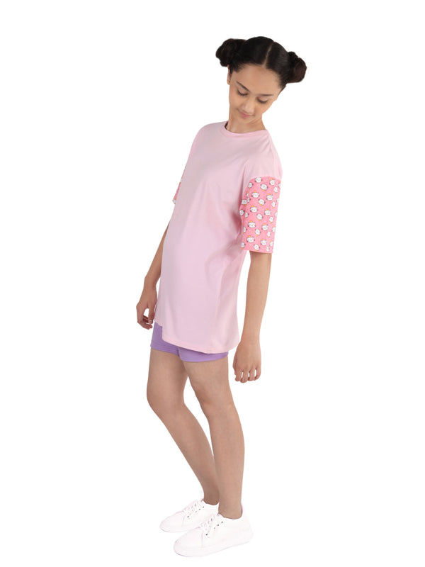 D'chica Pink & Purple Cotton Sportswear for girls/women pack of 2| Oversize Long t-shirt for girls with girls cycling shorts - D'chica
