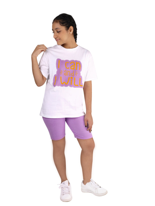 D'chica White & Purple stylish t shirt for girls, Cotton Sportswear for girls/women pack of 2| Oversize Long t-shirt for girls with girls cycling shorts