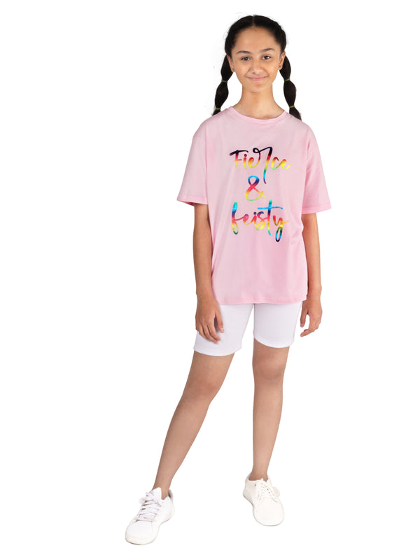 D'chica Pink & White Cotton Sportswear for girls/women pack of 2| Oversize Long t-shirt for girls with girls cycling shorts - D'chica