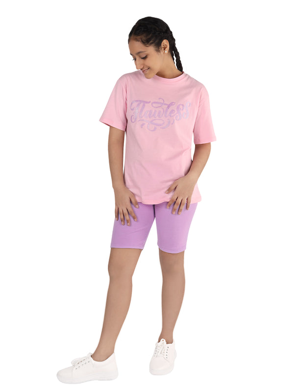 D'chica Pink & Purple Cotton Sportswear for girls/women pack of 2| Oversize Long t-shirt for girls with cycling shorts - D'chica