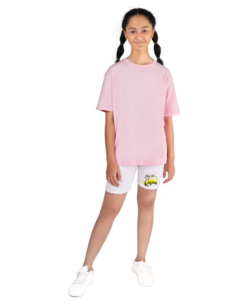 D'chica Pink and White Cotton Sportswear for girls/women pack of 2| Oversize Long t-shirt for girls with girls cycling shorts - D'chica
