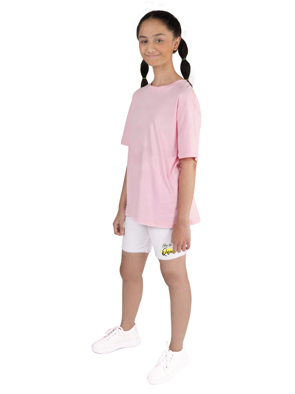 D'chica Pink and White Cotton Sportswear for girls/women pack of 2| Oversize Long t-shirt for girls with girls cycling shorts