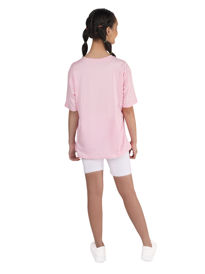D'chica Pink and White Cotton Sportswear for girls/women pack of 2| Oversize Long t-shirt for girls with girls cycling shorts - D'chica