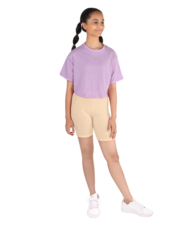 D'chica Purple & Skin Cotton Sportswear for girls/women pack of 2| Stylish high low t-shirt for girls with cycling shorts| Long t-shirt from Back & Front crop top design - D'chica
