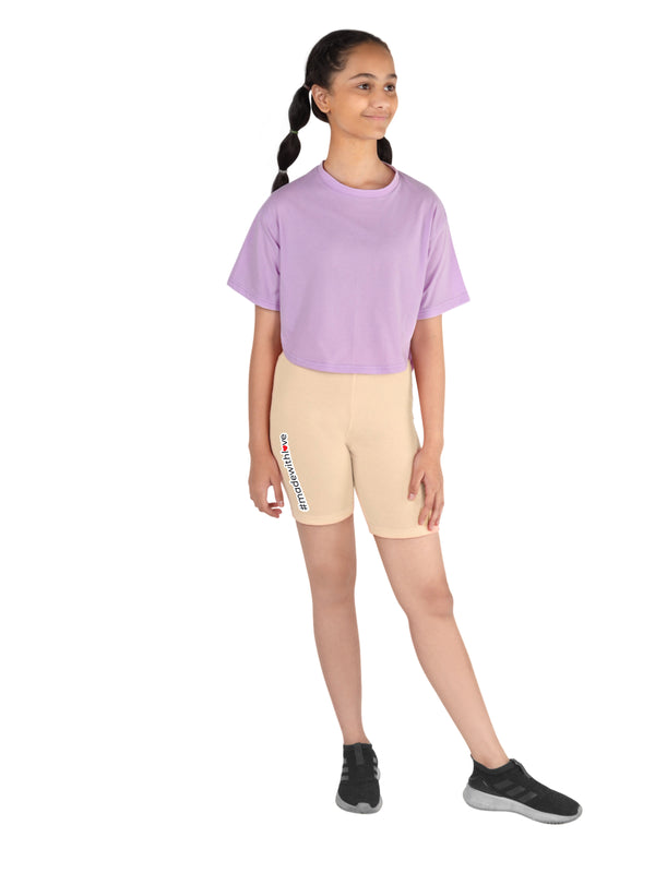 D'chica Purple & Skin Cotton Sportswear for girls/women pack of 2| Stylish high low t-shirt for girls with cycling shorts| Long t-shirt from Back & Front crop top design