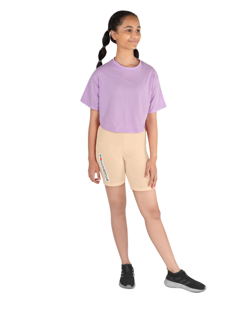 D'chica Purple & Skin Cotton Sportswear for girls/women pack of 2| Stylish high low t-shirt for girls with cycling shorts| Long t-shirt from Back & Front crop top design - D'chica