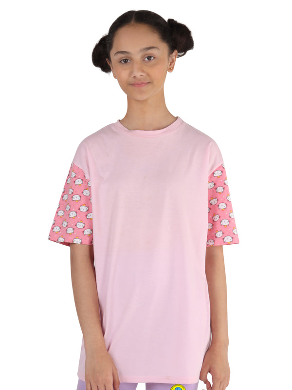 D'chica Long Oversize Stylish T shirt for girls | Trendy printed sleeve design | Breathable cotton for everyday and sports wear