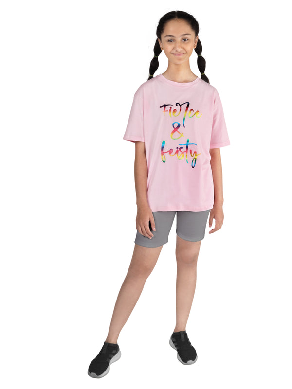 D'chica Pink & Grey Cotton Sportswear for girls/women pack of 2| Oversize Long t-shirt for girls with girls cycling shorts - D'chica